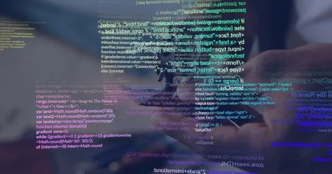 Holding smartphone showing programming code overlay at wooden office desk, with Foto stock