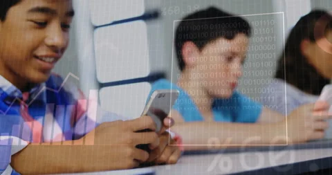 Holding smartphone, students with binary code and data processing animation over 動画素材 305893486