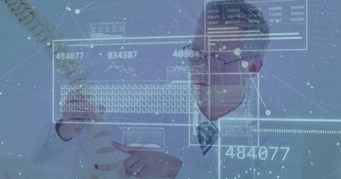 Holding spinal column model, mature doctor in lab coat analyzing holographic Stock Photos