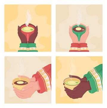 Holding steaming cup of lemon tea flat color vector illustration set Illustrazione stock
