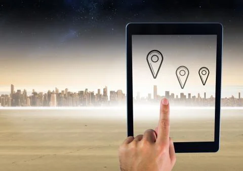 Holding tablet and city with marker location pointers Stock Photos