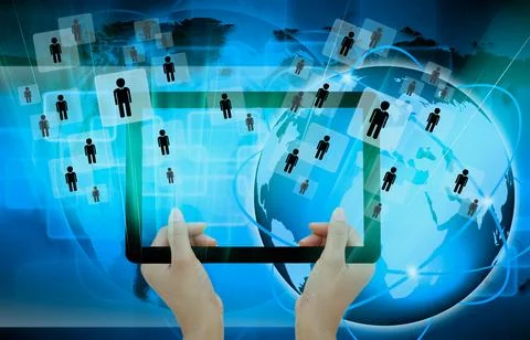 Holding tablet computer on technology background Stock Photos