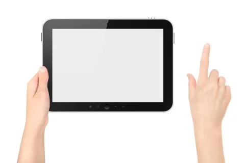 Holding tablet pc with touching hand isolated 库存照片