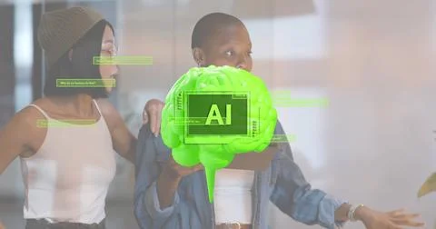 Holding tablet, presenter in denim jacket gesturing at neon 3D brain labeled AI Stock Photos