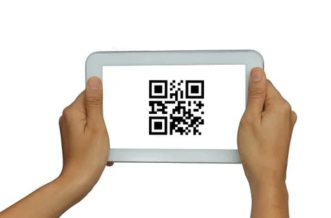 Holding tablet with QR code Stock Photos