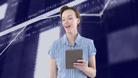 Holding tablet, woman viewing programming code animation with school background Stock Footage 303556388