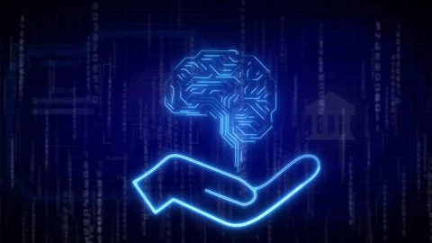 Holding technology hand animation displays a digital brain sphere icon. Tec.. Stock Footage 341129211