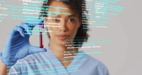 Holding test tube, scientist analyzing code animation over laboratory background Stock Footage 305220233