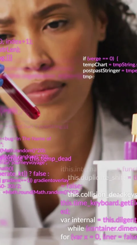Holding test tube, scientist analyzing blood sample over programming code 動画素材 342915932