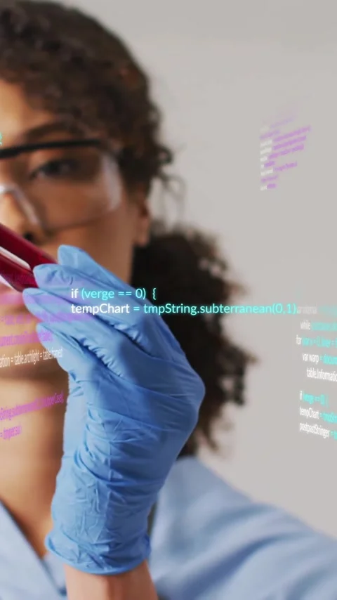 Holding test tube, scientist analyzing data with code animation overlaid Stock Footage 343028539