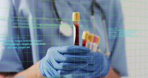 Holding test tubes, gloved hand with medical data processing image over 스톡 일러스트
