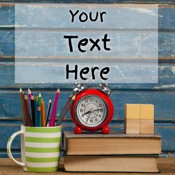 Holding text space on opaque rectangle with alarm clock, books and pencils Stock Photos