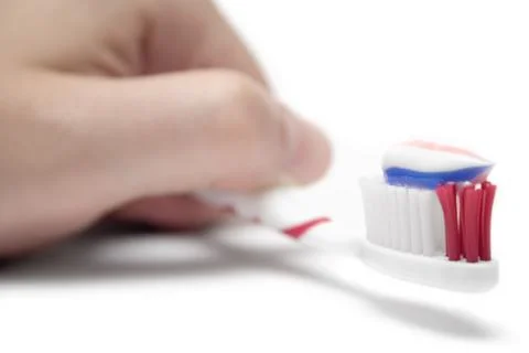 Holding a Toothbrush Isolated on a White Background 스톡 사진
