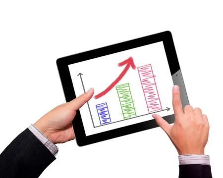 Holding touch screen tablet and shows tablet in hand With graph Stock Photos
