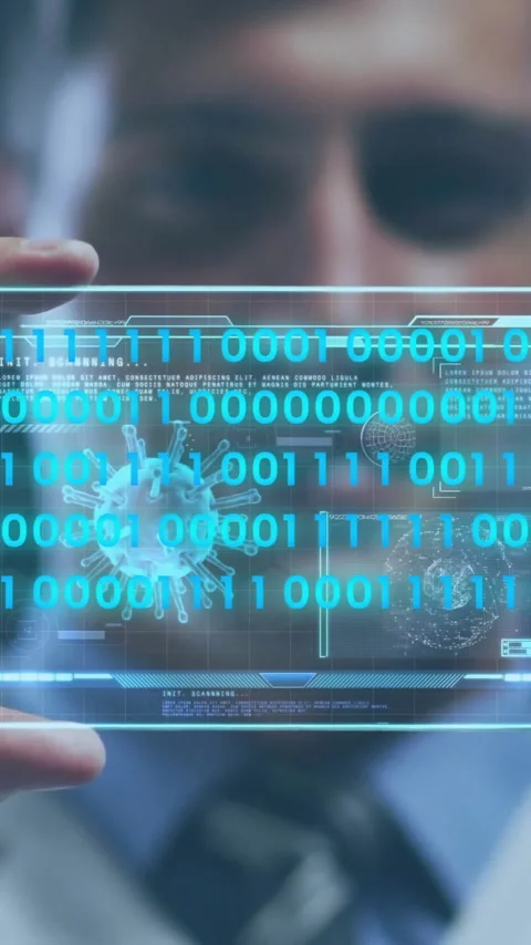 Holding transparent tablet, person viewing binary code and digital data Stock Footage 320150535