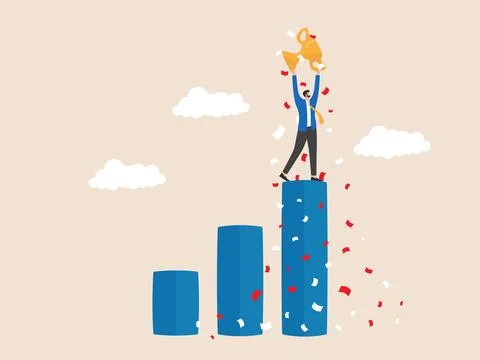 Holding a trophy on top of the highest graph in a presentation Illustrazione stock