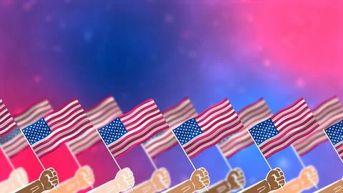 Holding usa flag hands in every skin ton showing unity in usa with gradient.. Stock Illustration