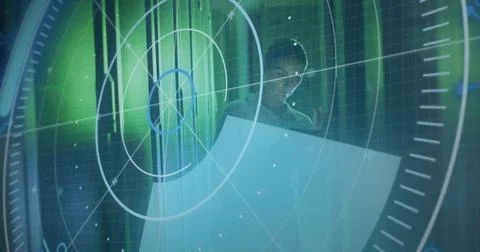 Holding white panel, tech in dark jacket in dim lab projecting radar hologram Stock Photos