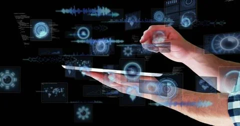 Holding white tablet flat, hands in rolled checked shirt supporting and pinching Stock Photos
