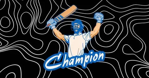 Holding wooden bat aloft while raising fist, cricketer in contour background  Stock Illustration