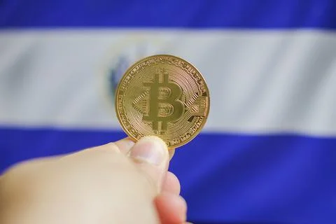 Holds a physical version of Bitcoin and the flag of El Salvador. Conceptual.. Stock Photos