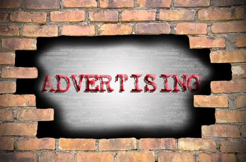Hole at the brick wall with advertising caption inside Stock Illustration