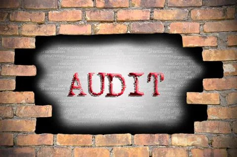 Hole at the brick wall with audit caption inside Stock Illustration