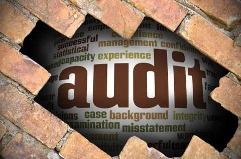 Hole at the brick wall with audit word cloud inside Stockillustratie