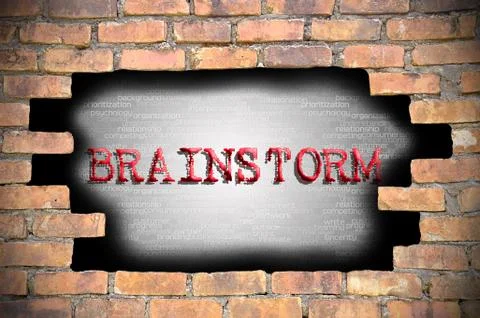 Hole at the brick wall with brainstorm caption inside Stock Illustration