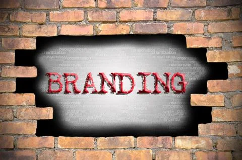 Hole at the brick wall with branding caption inside Stock Illustration