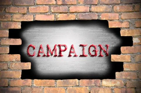 Hole at the brick wall with campaign caption inside 库存插图
