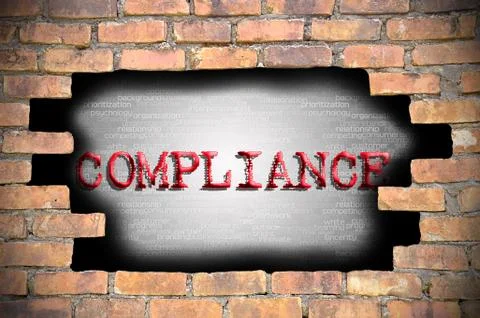 Hole at the brick wall with compliance caption inside 库存插图