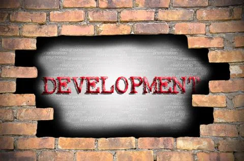 Hole at the brick wall with developement caption inside 库存插图