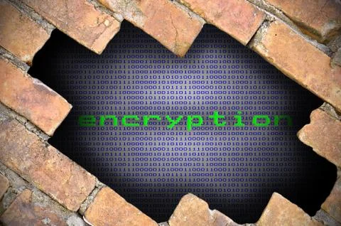 Hole In Brick Wall With Encryption Word Inside Foto stock