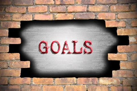 Hole at the brick wall with goals caption inside Stock Illustration