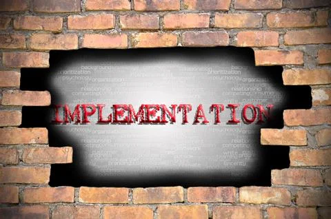 Hole at the brick wall with implementation caption inside Stock Illustration