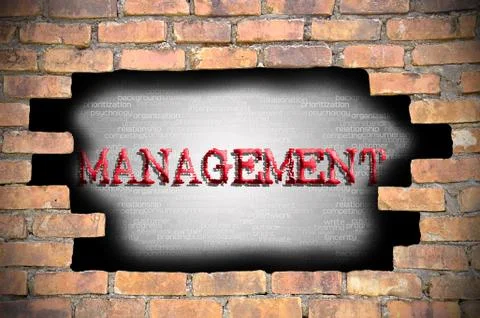 Hole at the brick wall with management caption inside 库存插图