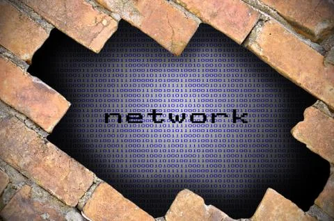 Hole In Brick Wall With Network Word Inside Stock Photos