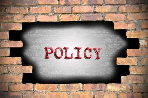 Hole at the brick wall with policy caption inside 库存插图