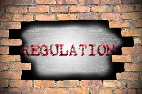 Hole at the brick wall with regulation caption inside Stock Illustration