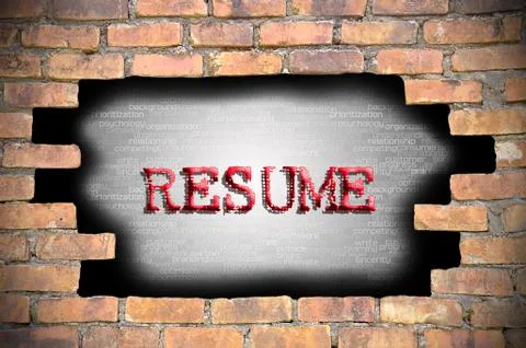 Hole at the brick wall with resume caption inside Stock Illustration
