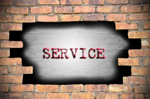 Hole at the brick wall with service caption inside Stock Illustration