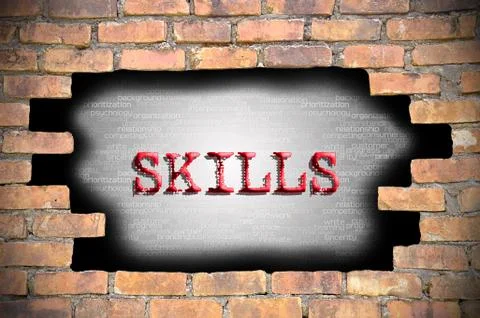 Hole at the brick wall with skills caption inside Stock-Illustration