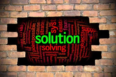 Hole at the brick wall with solution word cloud inside イラスト素材