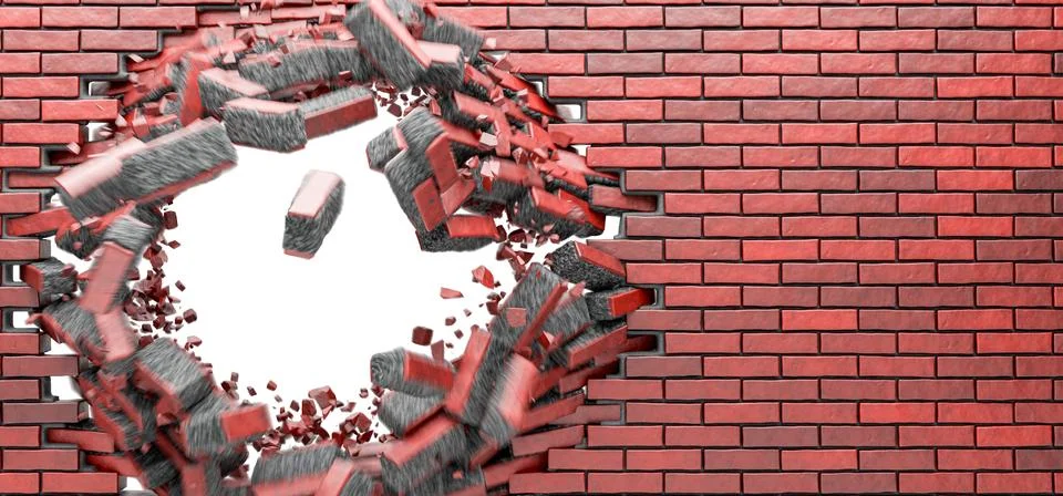 A hole in a brick wall, textured background, isolated image, space for text.  Stock Illustration