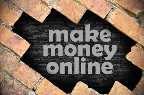 Hole in the brick wall with word make money online Foto stock