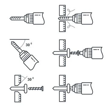 Hole drilling icon - set of drill tools and process of perforation, tightenin Stock Illustration