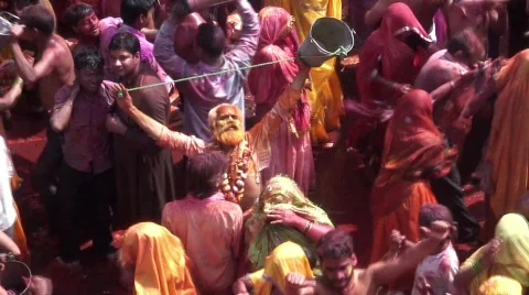 Holi Festival, nr Mathura, Uttar Pradesh State, India, Stock Footage