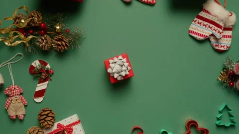 Holiday ad background, top-down view of elegant red gift box with silver bow 4K Stock Footage 255346053