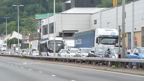 Holiday and freight traffic queue to use the Port of Dover in Kent as summer ho Stock Footage 313666165